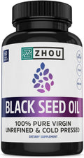 Zhou Black Seed Oil Capsules - Black Cumin Seed Oil Cold Pressed, Nigella Sativa, Pure Unrefined Blackseed, Premium Supplement for Health, Hair & Skin w/ Thymoquinone - 60 Capsules (Pack of 1)