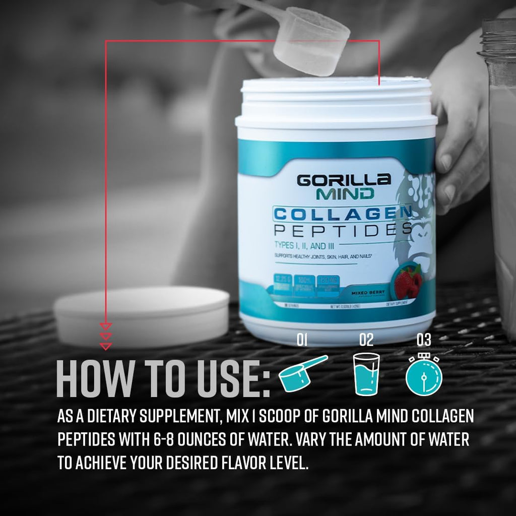 Gorilla Mind Collagen Peptides Powder - Joint & Bone Health/Great for Hair, Skin & Nails/Sleep Support/Types I, II, III/Mix in Water, Juice or a Smoothie - 435g (Blue Raspberry)