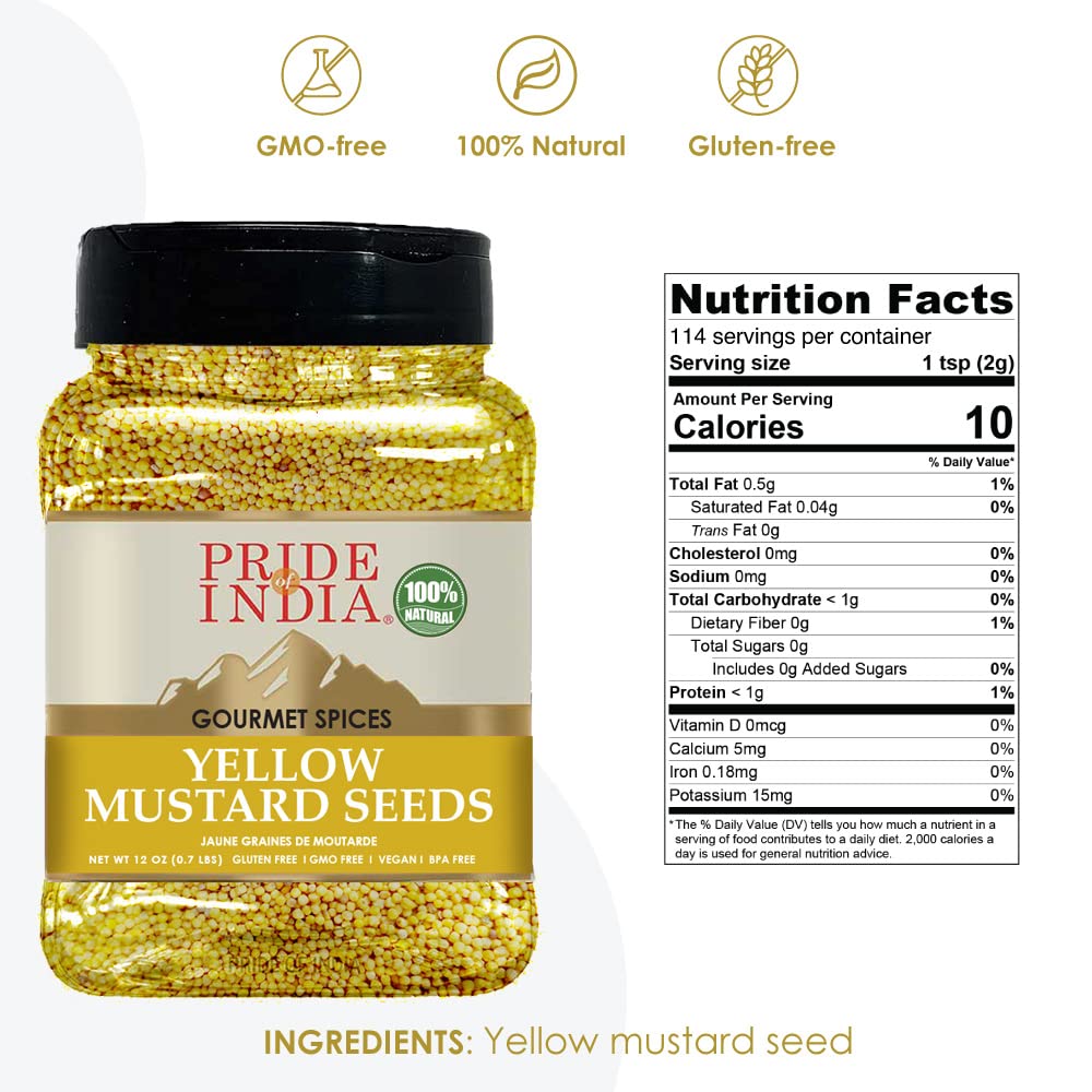 Pride Of India – Yellow Mustard Seed Whole – Pungent & Aromatic – Gourmet Indian Spice – Add in Salads/Dressings/Chicken/ Meat/Pickles – Easy to Store - 11 Oz (Pack of 1)