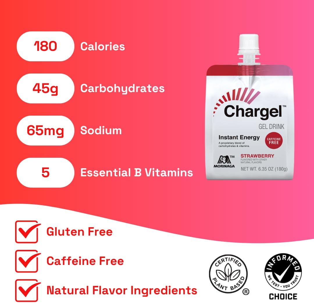 Strawberry, Caffeine-Free Instant Energy Gel Running, Biking, Workout, Hiking Essentials for Women & Men, Gifts for Runners - Carbs Vitamins, Gluten Free - Pack of 6 Gels - 6.35oz Each