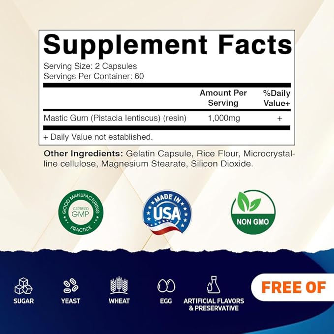 Vitamatic Mastic Gum 1000mg per Serving - Support Digestive Function, Gastrointestinal Health, Immune and Oral Wellness, 120 Capsules