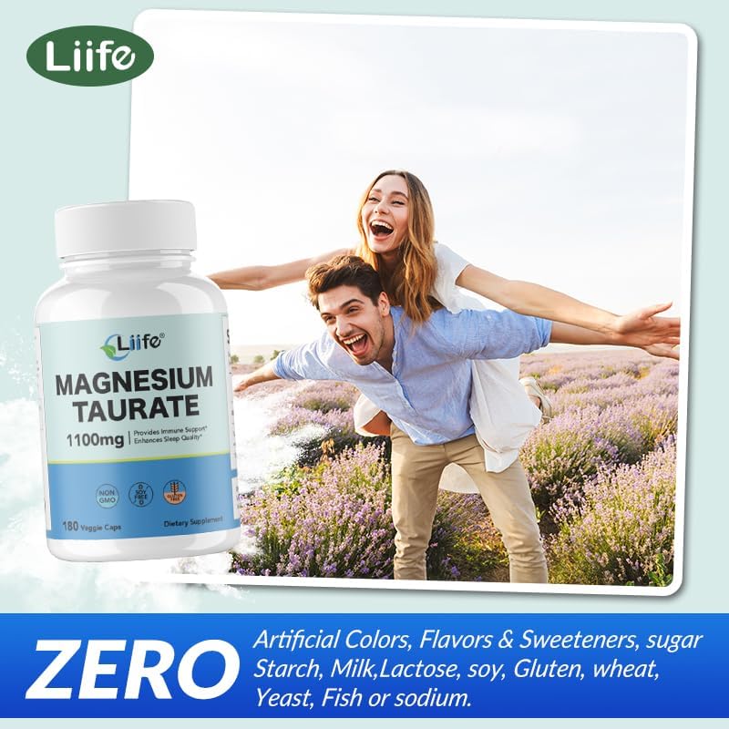 LIIFE Magnesium Taurate 1100mg -180 Vegetarian Capsules-200MG Elemental Magnesium Per Serving - Heart Health and Relaxation Support