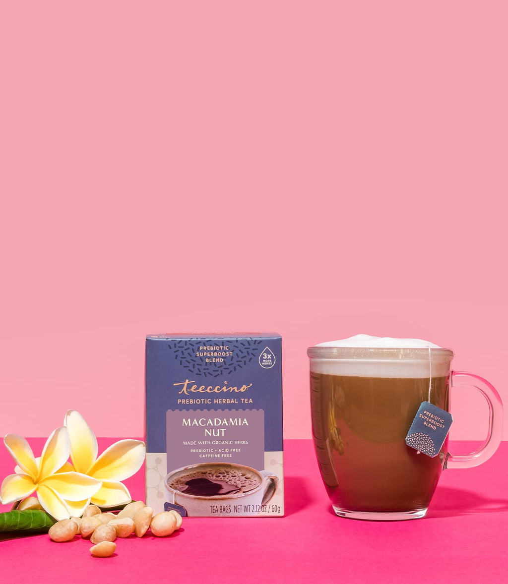 Teeccino Macadamia Nut - Prebiotic SuperBoost™ Herbal Tea - Support Your Probiotics with Vegan GOS & Organic XOS For Good Gut Health - Digestive Dessert Tea, 25 Tea Bags
