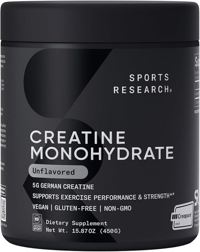 Sports Research® Creatine Monohydrate Powder w/Creapure® - Gain Lean Muscle, Improve Performance, & Support Workout Recovery* - 5g German Creatine · NSF Sport · Easy Mixing - 90 Servings (Unflavored)