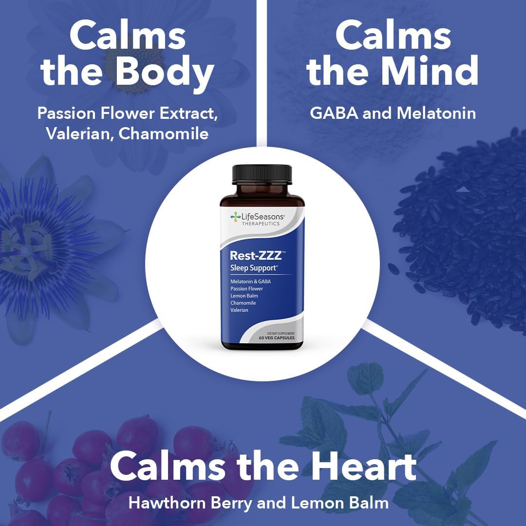 LifeSeasons Rest-ZZZ - Natural Sleep Support Supplement - Fall Asleep & Stay Asleep - Calms Nervous System - Ease Muscle Tension & Restlessness - Low Dose Melatonin GABA & Chamomile - 120 Capsules