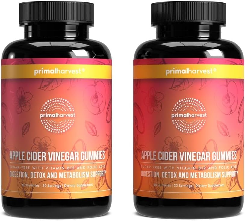 Primal Harvest 2 Pack, ACV Gummies, Sugar Free Apple Cider Gummies Beetroot and Pomegranate to Support Immunity, Digestion and Detox 750 MG (120 Count)