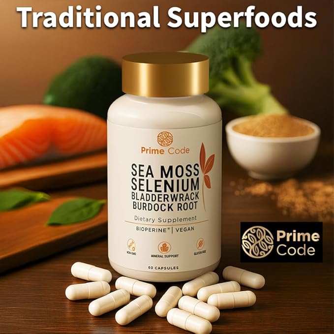 Prime Code Sea Moss Capsules with Selenium, Bladderwrack & Burdock Root – BioPerine® Enhanced Absorption – Vegan Daily Supplement for Immune, Skin, Gut & Energy Support – Pure Formula, No Sugar