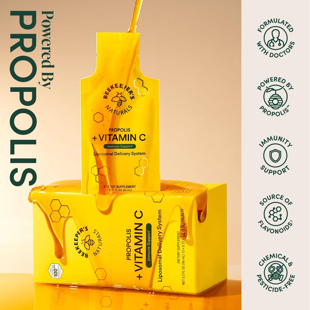 Propolis Liposomal Vitamin C by Beekeeper's Naturals, 1000mg Vitamin C, Propolis & Organic Honey, Supercharged Immune Support & Increased Bioavailibity for Max Absorption, 30 Ct