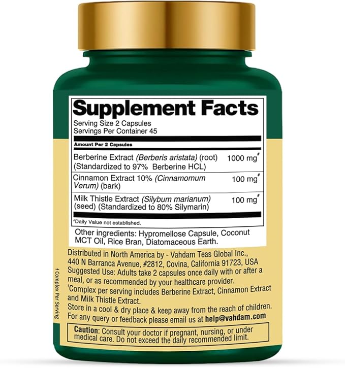 VAHDAM Berberine 97% HCL 1200mg Extract with Cinnamon and Milk Thistle | Supports Heart Health and Helps Maintain Healthy Cholesterol & Glucose Metabolism | 90 Veg Capsules