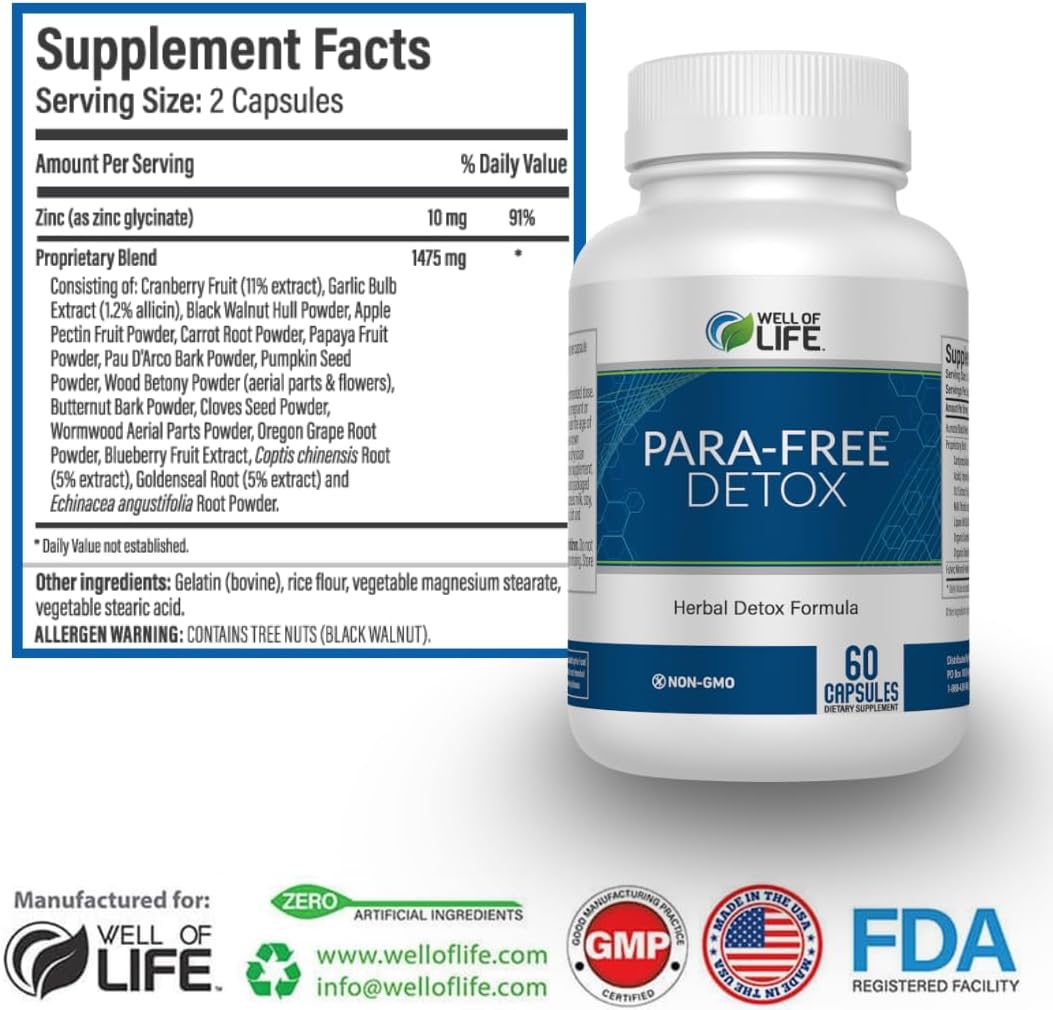 Well of Life para-Free Detox: Immune Support & Natural Detox Blend with Zinc, Black Walnut, Wormwood, Goldenseal, Cranberry & Garlic. Synergistic Formula for Overall Wellness: 60 V Capsules