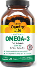 Country Life Omega-3 Fish Oil Supplement, 1000mg, 180mg EPA & 120mg DHA, Fish Oil Concentrate, Burpless, 200 Softgels, Certified Gluten Free