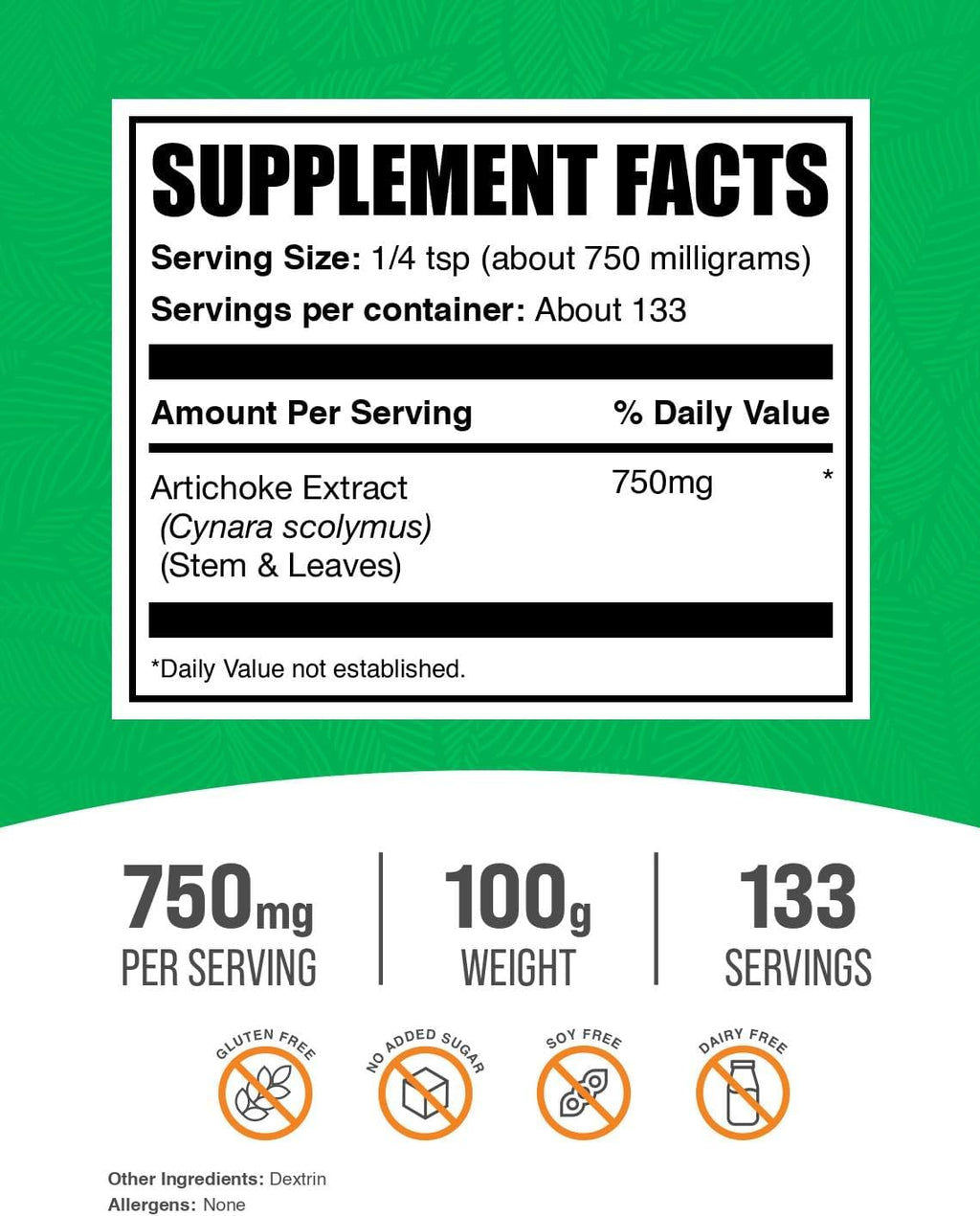 BulkSupplements.com Artichoke Extract Powder - Herbal Supplement, Artichoke Supplement - Vegan & Gluten Free, 750mg per Serving, 100g (3.5 oz) (Pack of 1)