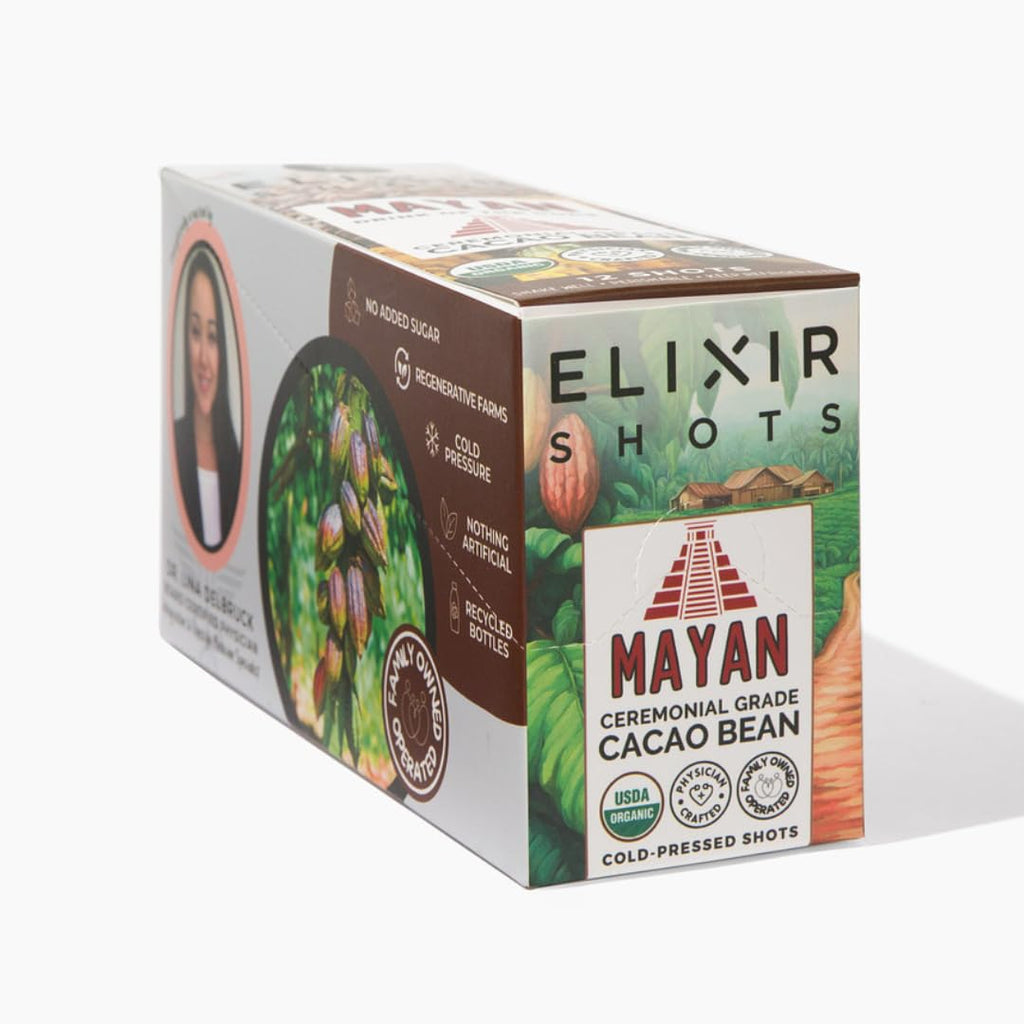 Elixir Shots Mayan (12 Pack) Cacao Wellness Shot with 100% Organic Ingredients Cacao, Orange, Cayenne - No Added Sugars or Artificial Ingredients
