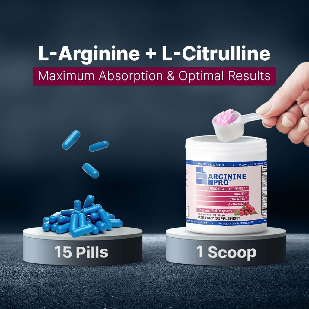 L-ARGININE PRO | 5,500mg L-Arginine Plus L-Citrulline 1,100mg Raspberry Powder Drink Mix Supplement for Increased Nitric Oxide Production