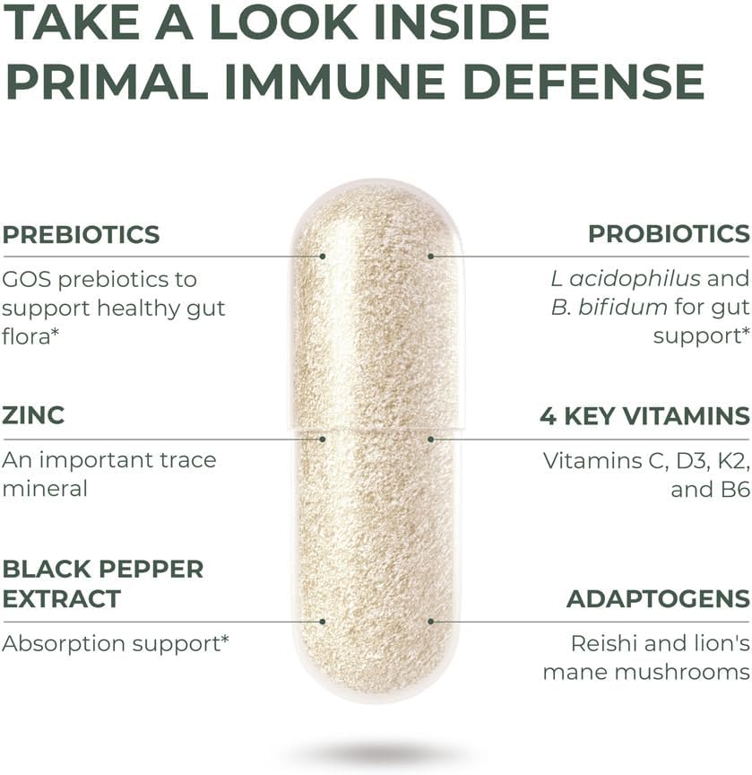 Primal Harvest Primal Immune Defense: 10-in-1 Immune Support with Probiotics, Zinc, Vitamins C, B6, D3 & K2, Immune Booster for Adults 60 Capsules (2-Pack)