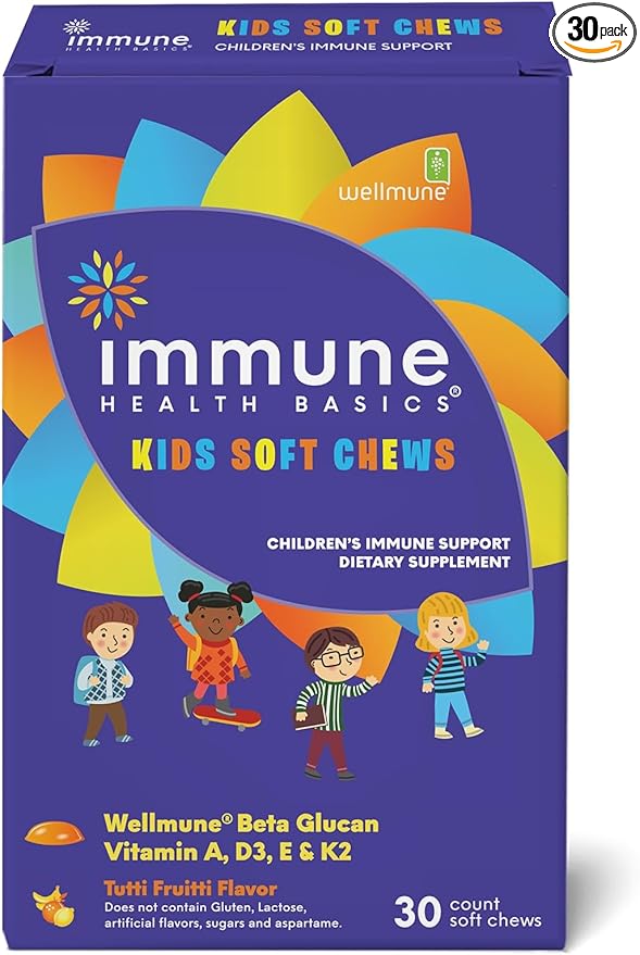 Kids Soft Chews with Wellmune® | Natural Beta Glucan Supplement for Immune Support & Daily Wellness | Allergen-Free & No Added Sugar | Tutti-Frutti Flavor, 30 Soft Chews