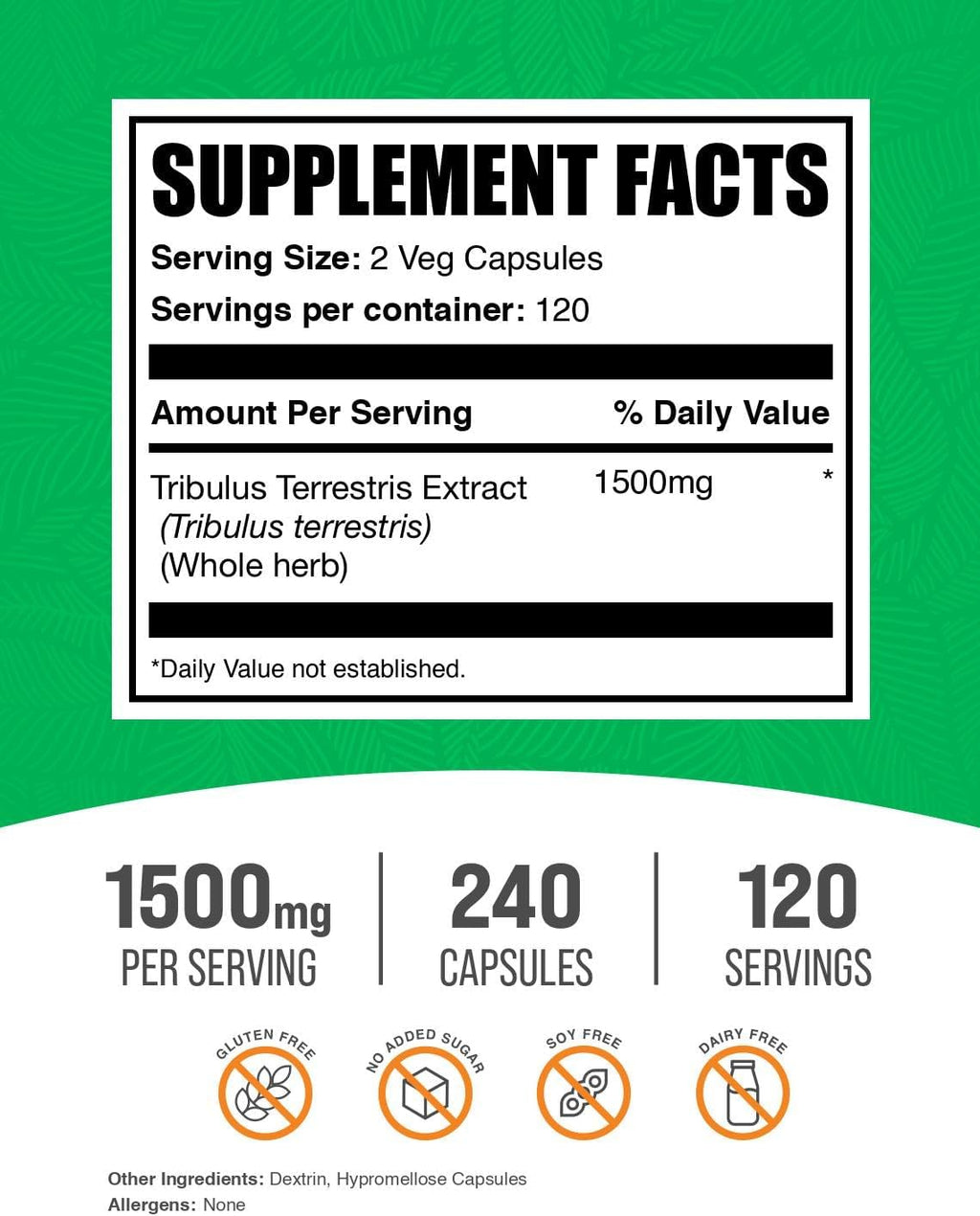 BulkSupplements.com Tribulus Terrestris Capsules - Herbal Supplement, Tribulus Terrestris 1500mg - Gluten Free, 2 Capsules per Serving, 240 Count (Pack of 1)