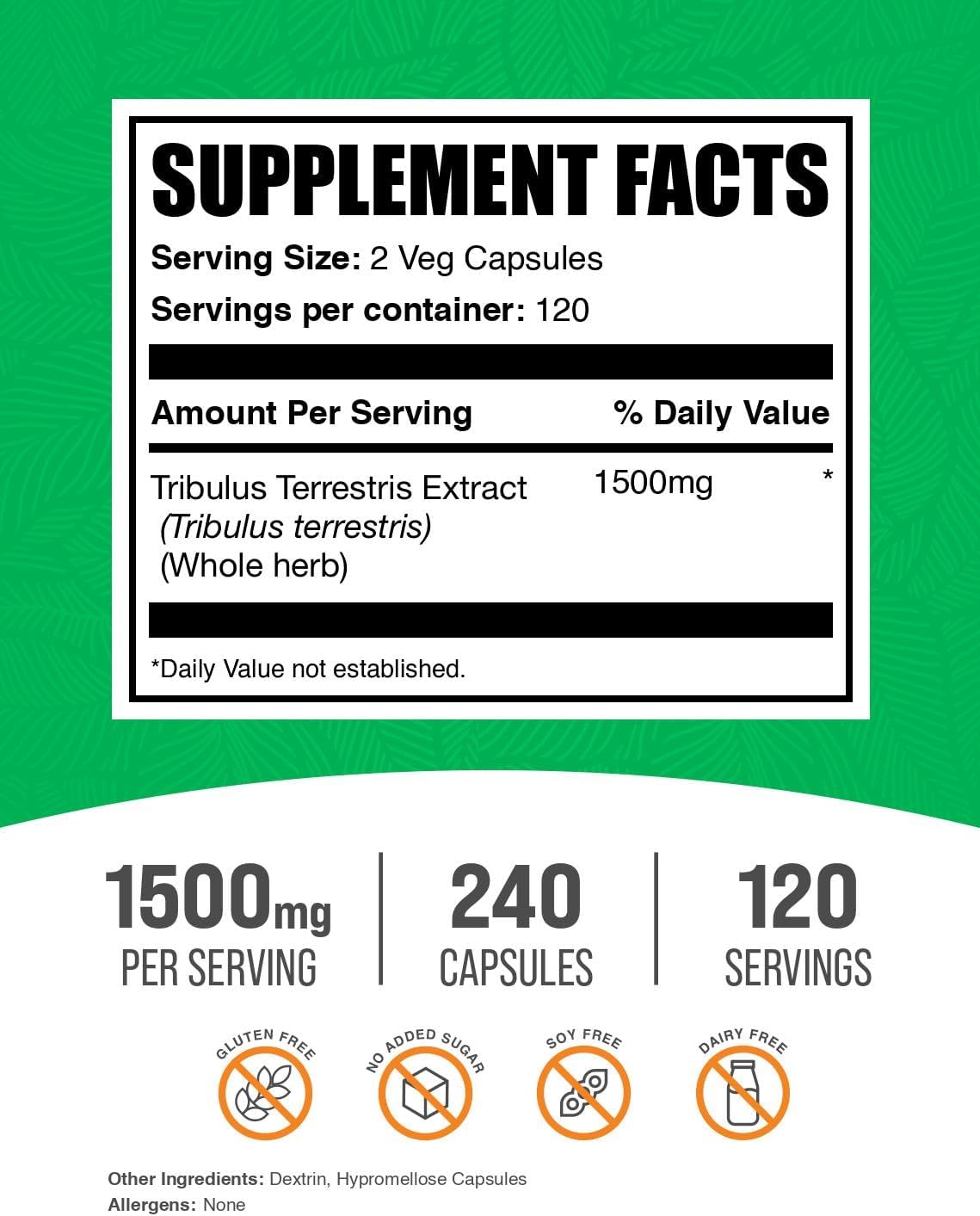 BulkSupplements.com Tribulus Terrestris Capsules - Herbal Supplement, Tribulus Terrestris 1500mg - Gluten Free, 2 Capsules per Serving, 240 Count (Pack of 1)