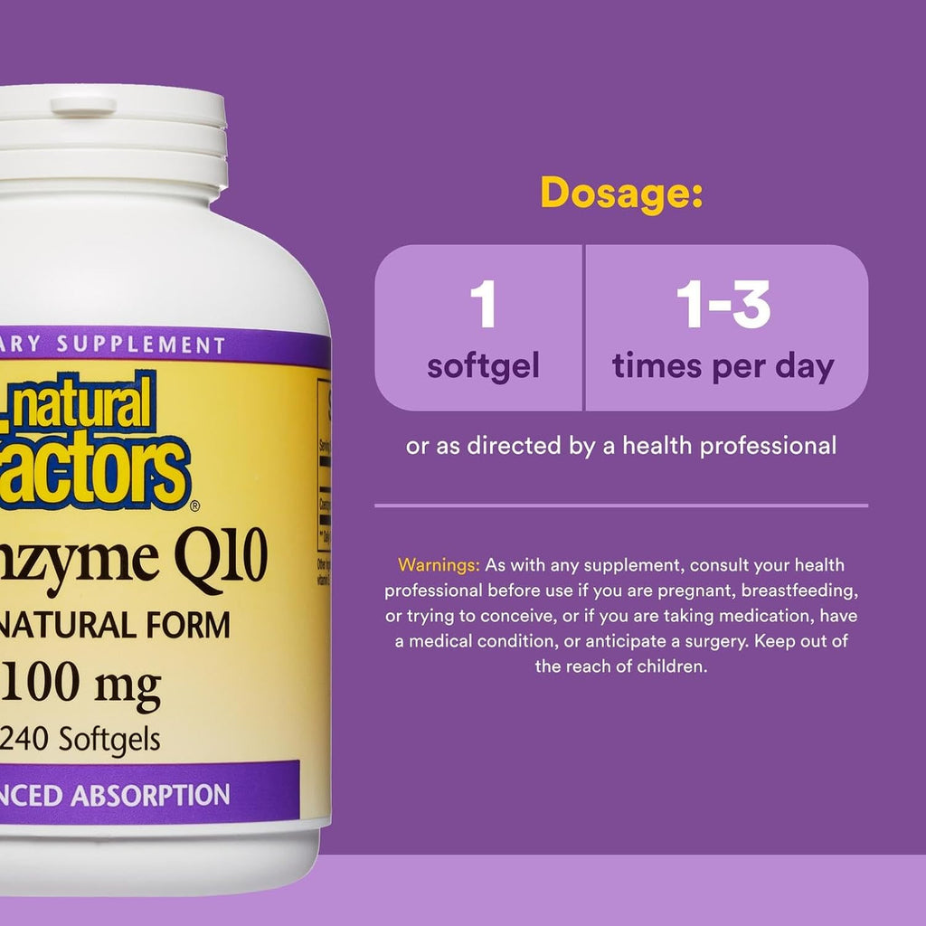 Natural Factors Coenzyme Q10 100 mg, Natural Coenzyme Q10 Supplement for Energy, Heart and Cognitive Support, 240 Softgels