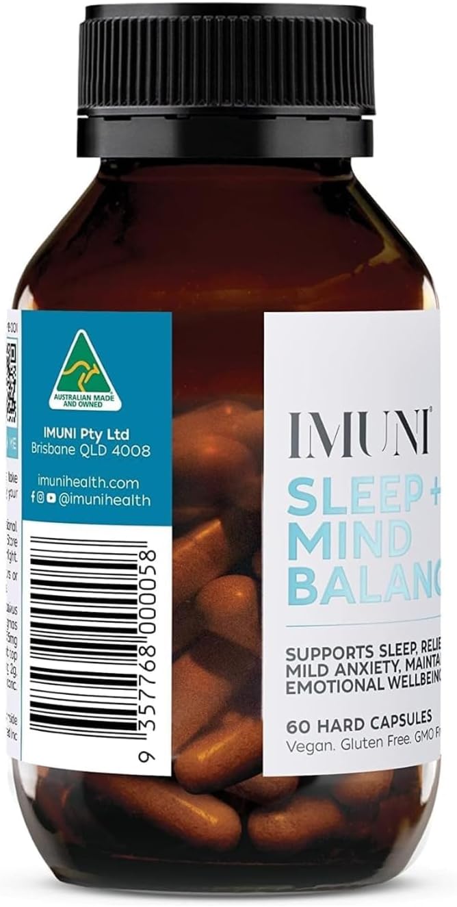 IMUNI Sleep + Mind Balance – Natural Sleep Aid & Stress Relief Supplement with Ashwagandha KSM-66®, Saffron, Lavender, Lemon Balm & Passionflower – Vegan, Non-GMO, 60 Caps