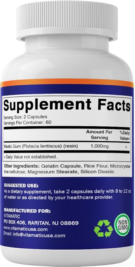 Vitamatic Mastic Gum 1000mg per Serving - Support Digestive Function, Gastrointestinal Health, Immune and Oral Wellness, 120 Capsules