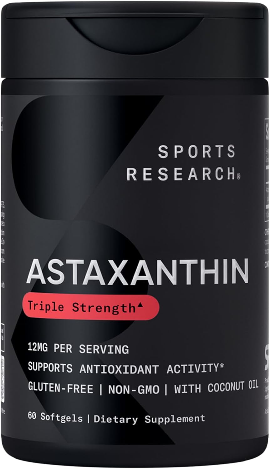 Sports Research Triple Strength Astaxanthin 12mg with Organic Coconut Oil - Antioxidant Supplement, Non-GMO Verified & Gluten Free - 60 Softgels