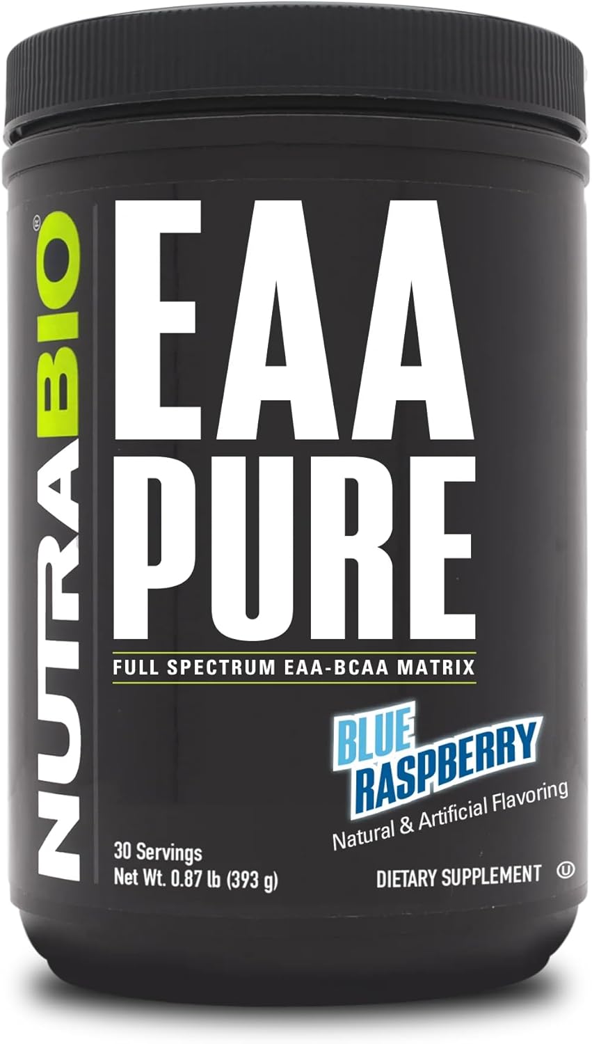 NutraBio – EAA Pure – BCAA Powder– Muscle Repair and Recovery– Pre or Post Workout - Amino Acid Supplement – All Day Recovery, 30 Servings, Blue Raspberry