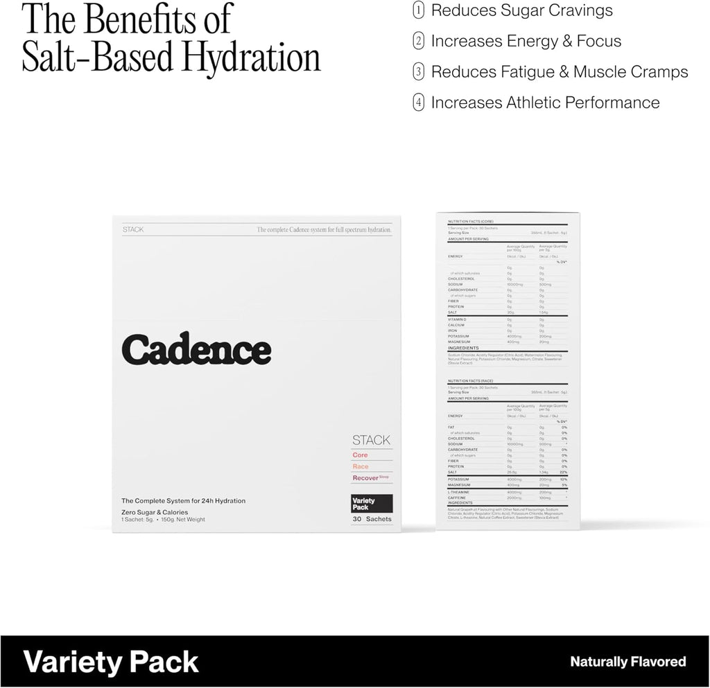 Cadence Sachets Complete Variety Pack - Carton (5g x 30) Science-Backed Hydration | Zero Caffeine | Vegan, Keto & Paleo Friendly | Sodium, Potassium & Magnesium for Performance & Recovery