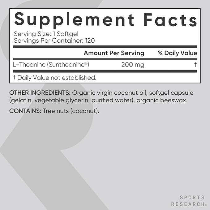 Sports Research L-Theanine 200mg with Organic Coconut Oil | Suntheanine Supplement for Focus, Relaxation & Alertness | Double Strength, Non-GMO & Gluten Free