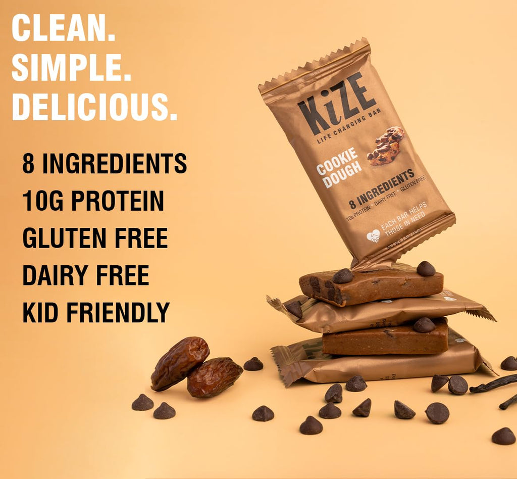 KiZE Energy Bars - Peanut Butter Chocolate Chip & Cookie Dough Bundle - 20-Count - Gluten Free, Dairy Free Options, Non-GMO, and High Protein Meal Replacement Energy Bars, Clean and Simple Food Ingredients - 10g High Protein Snacks (20 Count)