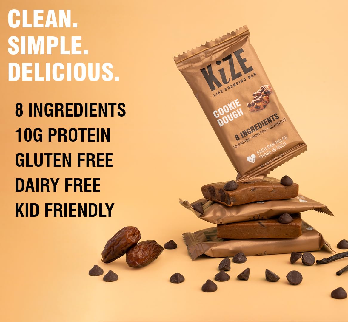 KiZE Energy Bars - Peanut Butter Chocolate Chip & Cookie Dough Bundle - 20-Count - Gluten Free, Dairy Free Options, Non-GMO, and High Protein Meal Replacement Energy Bars, Clean and Simple Food Ingredients - 10g High Protein Snacks (20 Count)