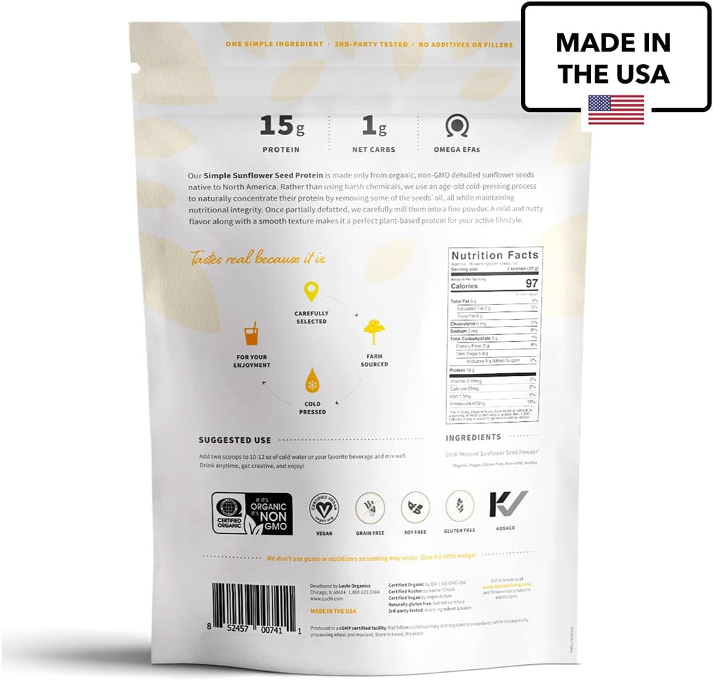 Sprout Living Simple Sunflower Seed Protein Powder, 15 Grams Organic Plant Based Protein Powder Without Artificial Sweeteners, Non Dairy, Non-GMO, Vegan, Gluten Free, Keto Drink Mix (1 Pound)