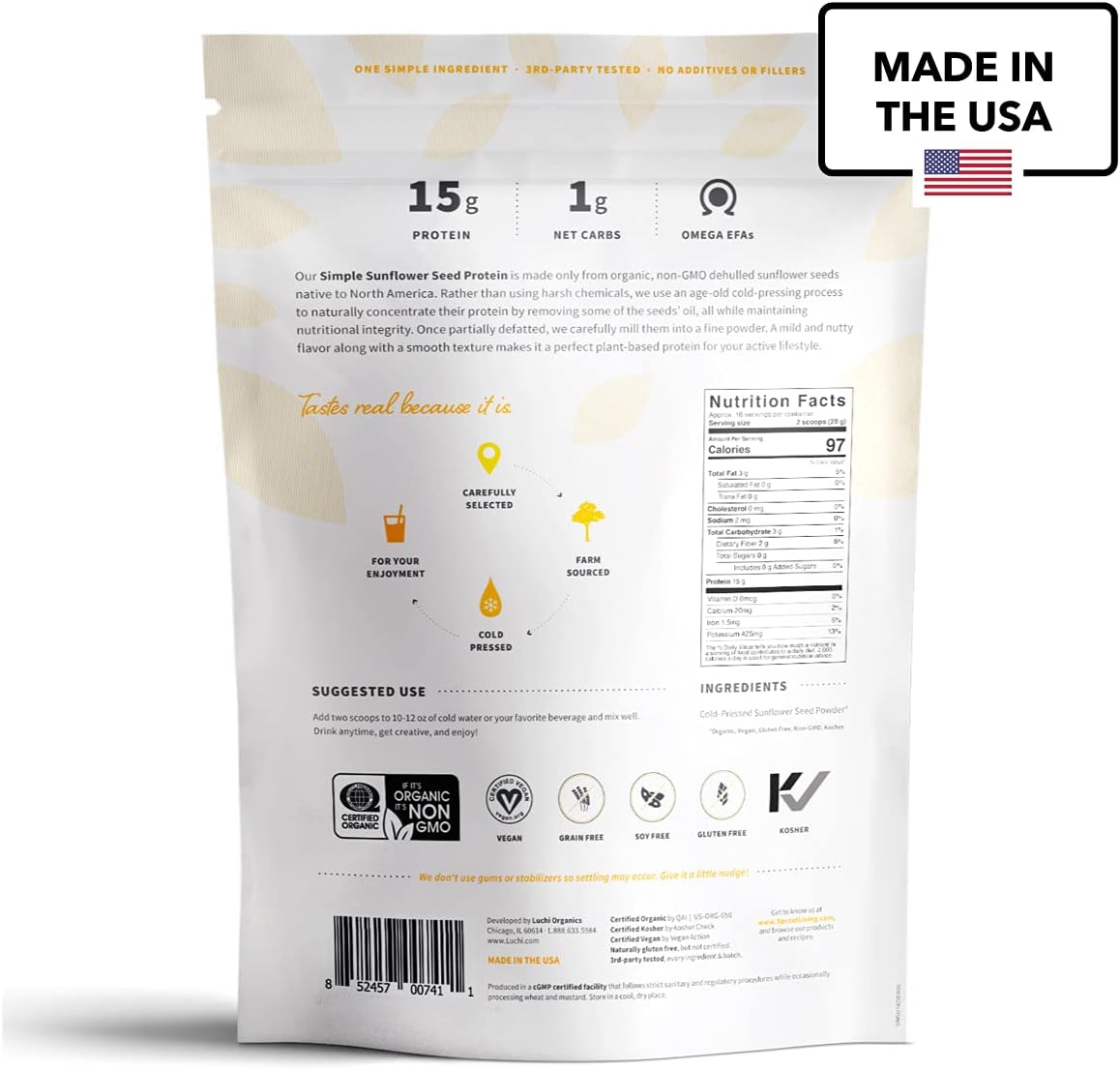 Sprout Living Simple Sunflower Seed Protein Powder, 15 Grams Organic Plant Based Protein Powder Without Artificial Sweeteners, Non Dairy, Non-GMO, Vegan, Gluten Free, Keto Drink Mix (1 Pound)