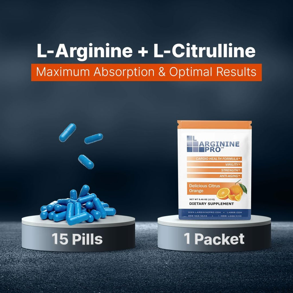 L-ARGININE PRO Supplement Powder | 60 Packets Single Serve Travel Size | 5,500mg of L-arginine Plus 1,100mg L-Citrulline