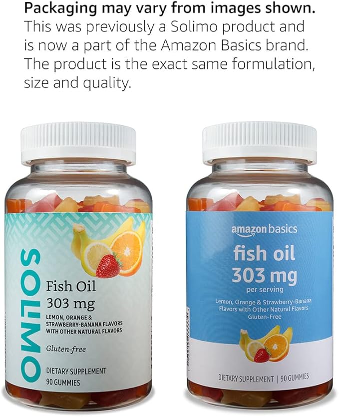 Amazon Basics Fish Oil 303 mg, Lemon, Orange & Strawberry-Banana flavors, 90 Gummies (2 per Serving), EPA and DHA Omega-3 fatty acids (Previously Solimo)