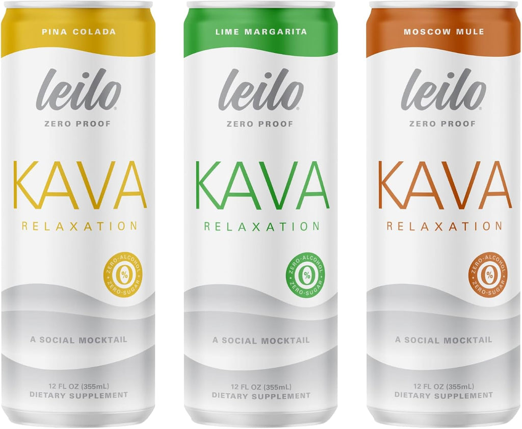 LEILO | Kava Powered Mocktail Drinks | Variety 12-Pack – Sugar-Free & Non-ALC Functional Relaxation Support – Includes 4 of Each: Margarita, Pina Colada, Moscow Mule | 12 fl oz Cans (Pack of 12)