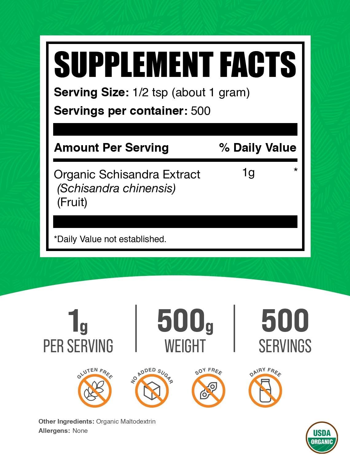 BulkSupplements.com Organic Schisandra Extract Powder - Schisandra Supplement, from Schisandra Berries, Herbal Supplement - Gluten Free - 1g per Serving, 500g (1.1 lbs) (Pack of 1)
