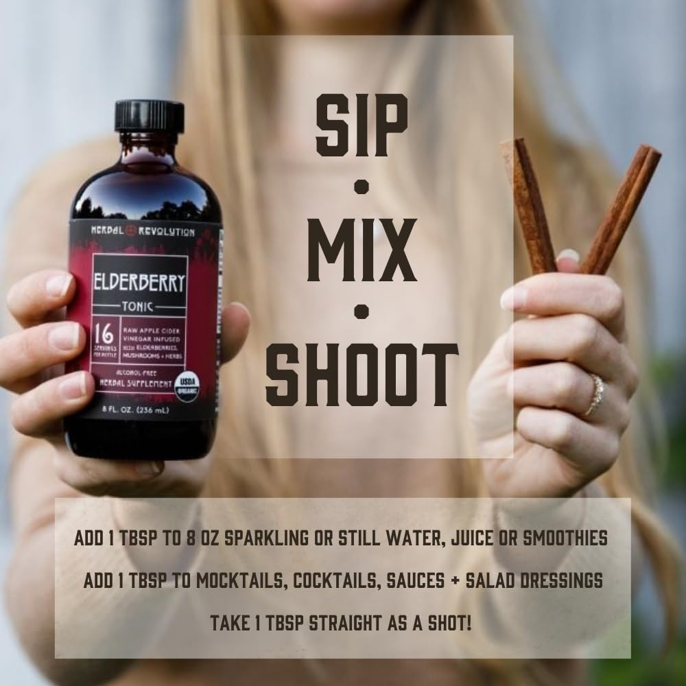 Herbal Revolution Elderberry Tonic - Certified Organic Non-GMO Apple Cider Vinegar Infused with Cinnamon Bark, Raw Honey, Ginger & More - Made Using Regenerative Farming Practices - 8 Oz