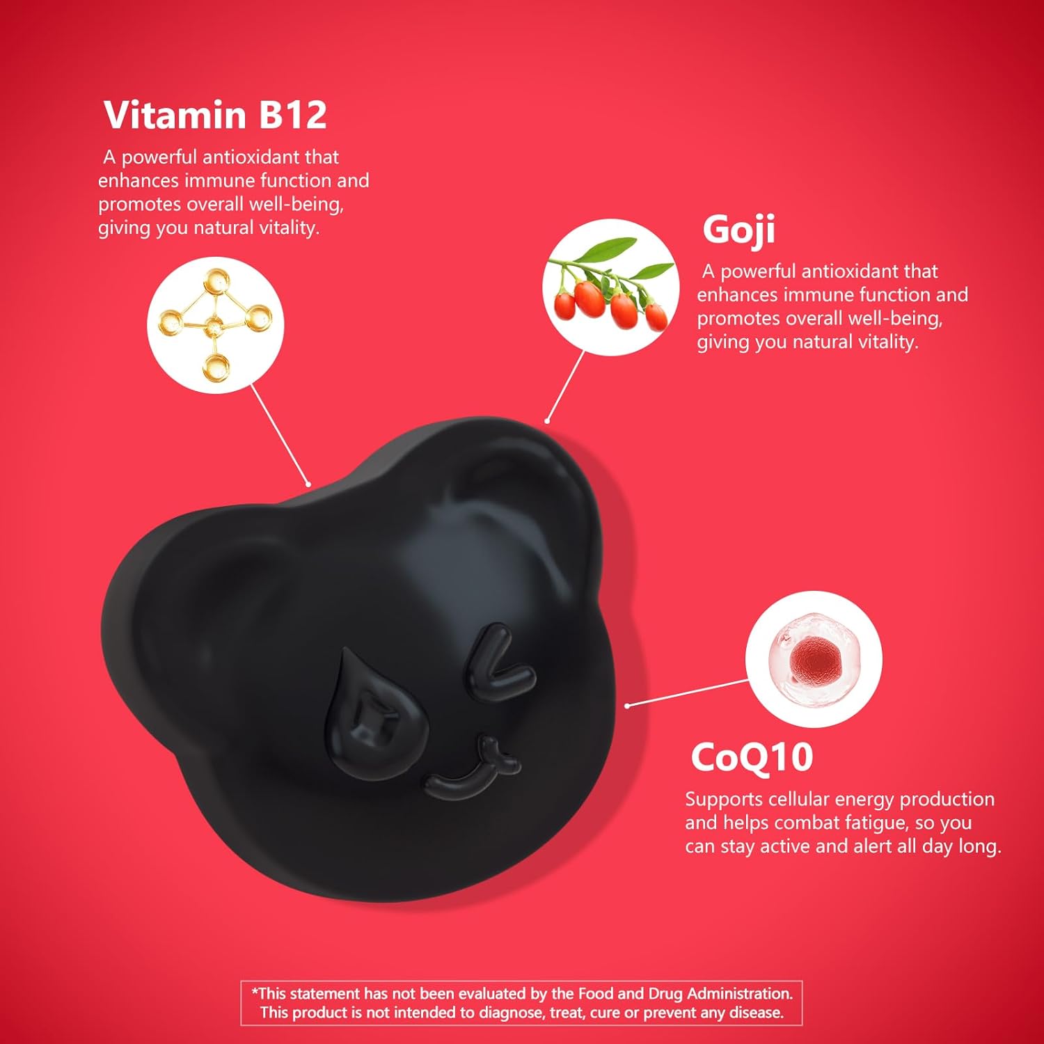 Natural Energy Gummies with Vitamin B12, Goji, CoQ10, Energy Support & Metabolism Support Chewable Supplement,GMO Free, Gluten Free (Raspberry, 60 Count)
