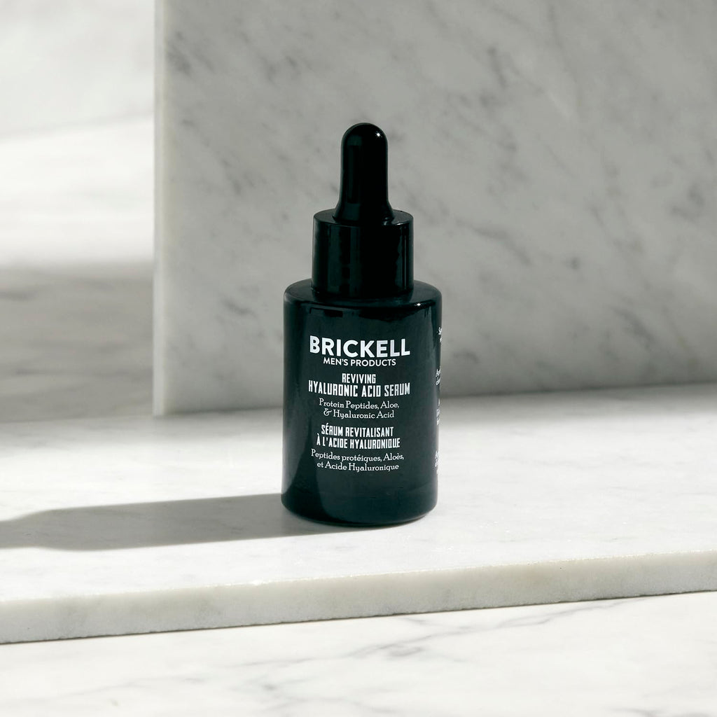 Brickell Men's Anti Aging Hyaluronic Acid Serum for Face, Day Face Serum for Men, Natural & Organic Facial Serum With Protein Peptides to Restore Collagen and Firmness, 1 Ounce, Unscented