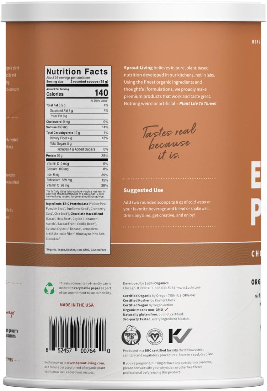 Sprout Living Epic Protein, Plant Based Protein & Superfoods Powder, Chocolate Maca Powder | 20 Grams Organic Protein Powder, Vegan, Non Dairy, Non-GMO, Gluten Free, Low Sugar (2 Pound, 24 Servings)