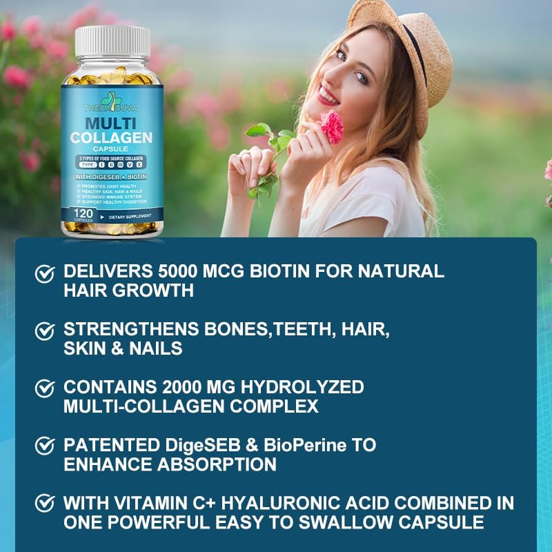 Multi-Collagen Complex + Biotin + Vitamin C – Types I, II, III, V & X – Natural Supplement for Hair, Skin, Nails & Joint Support – 120 Capsules, 60 Day Supply