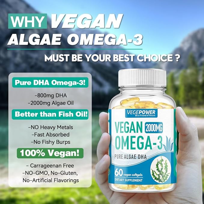 Vegan Omega 3 DHA Supplement - Algae Oil, Plant Based DHA 800mg, Carrageenan Free, Replacement for Fish Oil, Supports Heart, Brain, Joint Health - 60 Softgels
