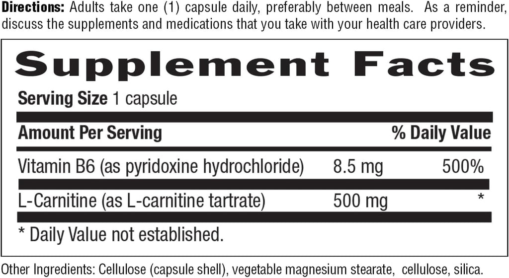 Country Life L-Carnitine 500mg – 60 Vegan Capsules | Supports Energy Production & Fat Metabolism | Includes Vitamin B6 for Utilization | Gluten-Free, Certified Vegan Amino Acid Supplement
