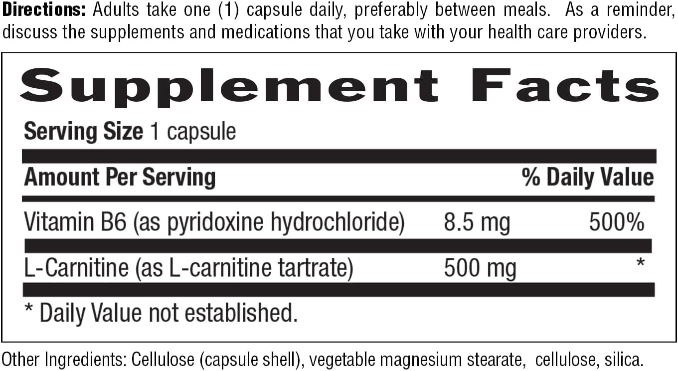 Country Life L-Carnitine 500mg – 60 Vegan Capsules | Supports Energy Production & Fat Metabolism | Includes Vitamin B6 for Utilization | Gluten-Free, Certified Vegan Amino Acid Supplement