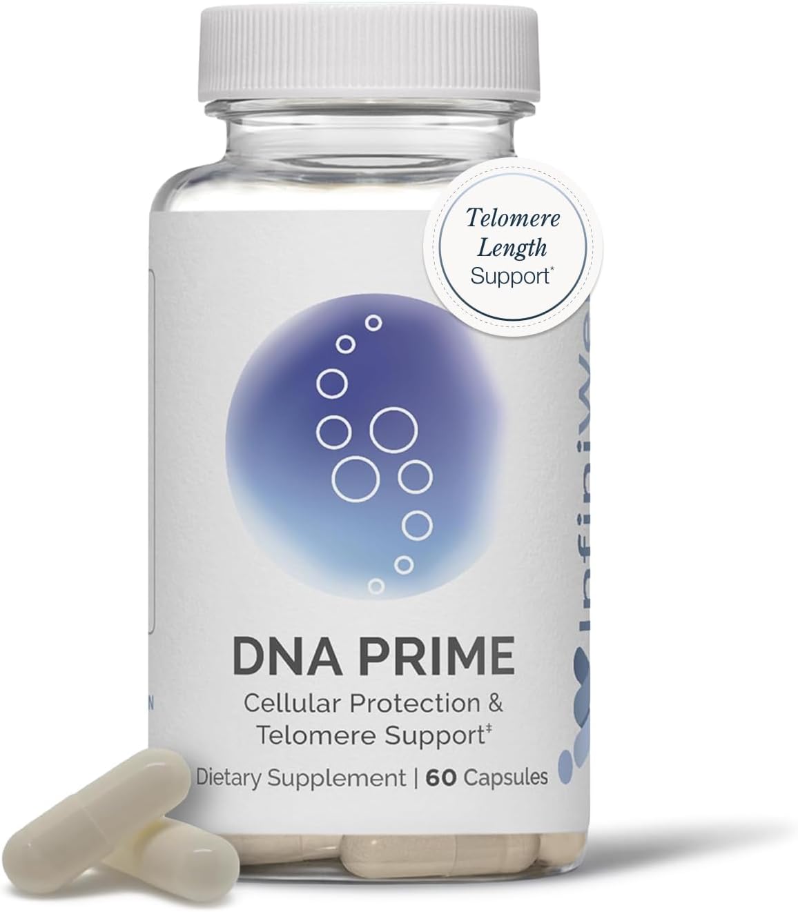 InfiniWell DNA Prime Advanced Telomere Supplements for Mitochondrial Support, Healthy Aging & Cellular Renewal - with ac-11, Activated Bromelain, Cat's Claw, Buckwheat Peptides & More (60 Capsules)