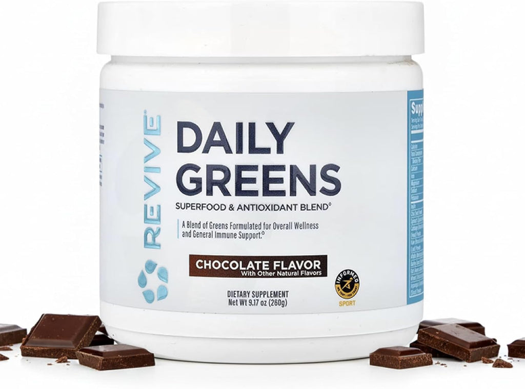 Revive MD Daily Green Powder Superfood (Chocolate) - Supergreens Powder to Support Energy Levels - Green Juice That Improves Fiber Intake - Vegetable Supports Digestion and Gut Health (30 Servings)