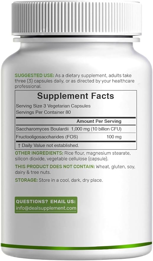 Saccharomyces Boulardii Probiotics + FOS Supplement, 10 Billion CFU, 240 Veggie Capsules – Probiotic & Prebiotic for Women & Men – Gut, Immune & Digestive Health Support – Non-GMO