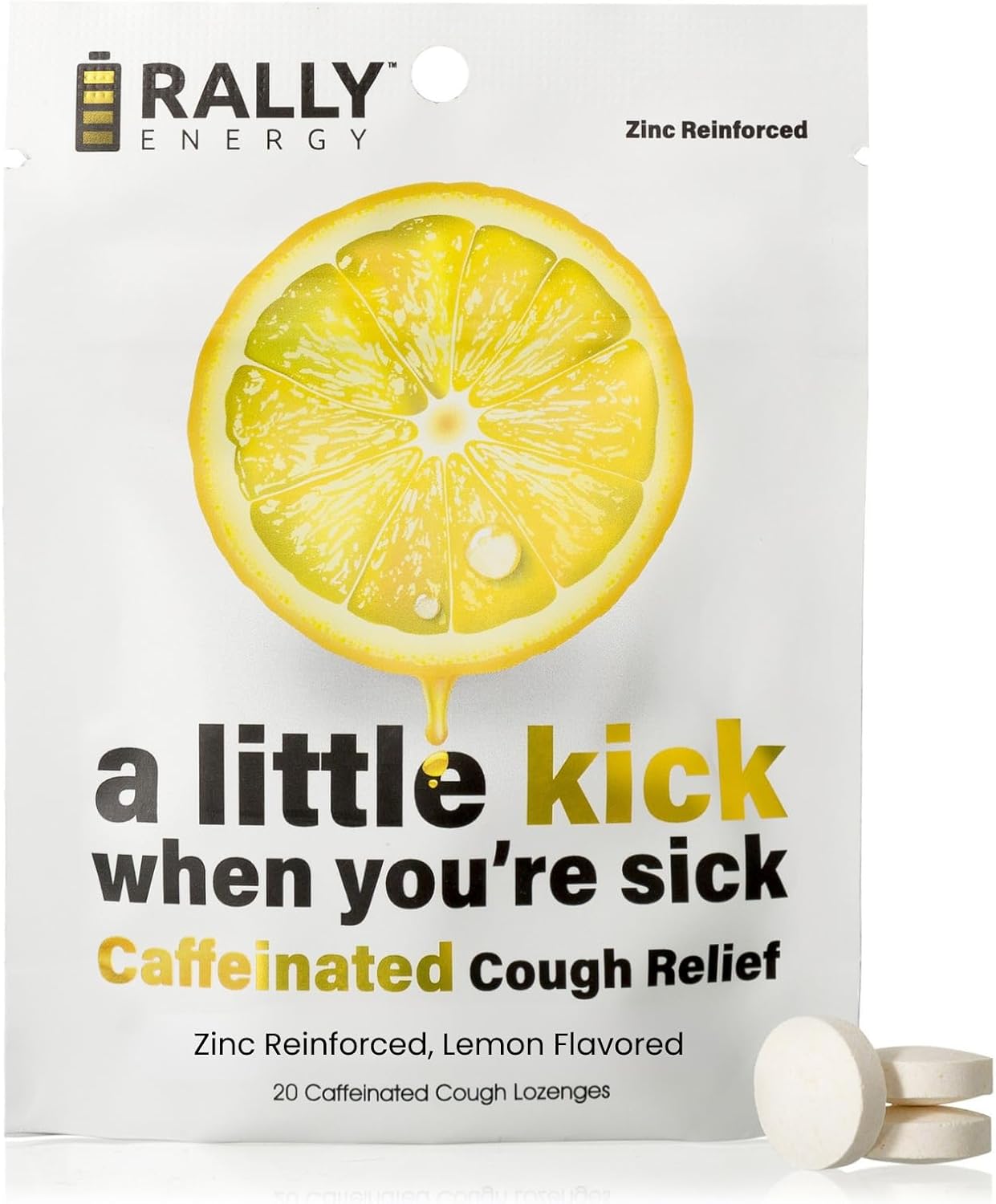 Lemon Flavor Cough Drops by Rally Energy, Cough Relief with Caffeinated Zinc Reinforced Lozenges, Boost Your Energy, Focus, and Productivity - Zero Calorie Throat Lozenges (20)