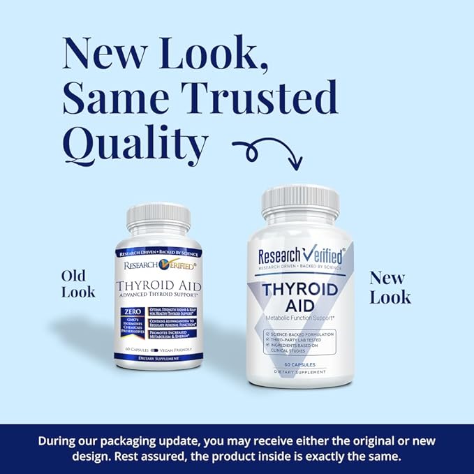 Research Verified® Thyroid Aid - Optimal Thyroid Function with Iodine Copper & Zinc - 260 mcg Selenium - 100% Pure - Vegan Friendly - 60 Capsules - 1 Month Supply